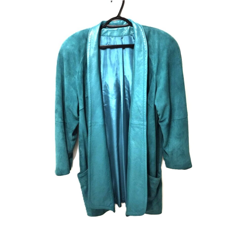 VTG Turquoise Leather Suede Coat Lindzon by Bellissimo Canada Open Front Boho